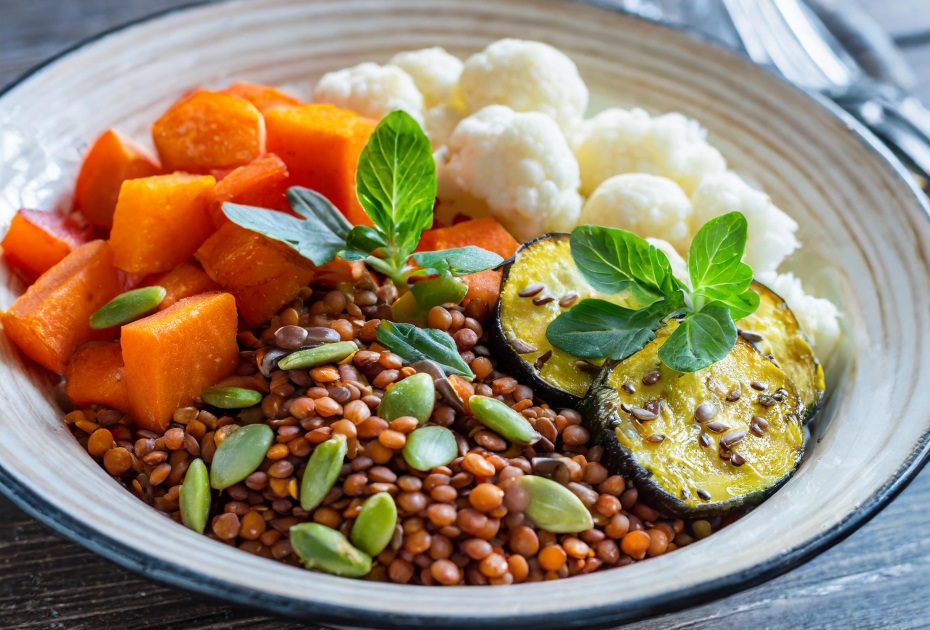 Lunch box diététique : buddha bowl aux lentilles corail et légumes rôtis