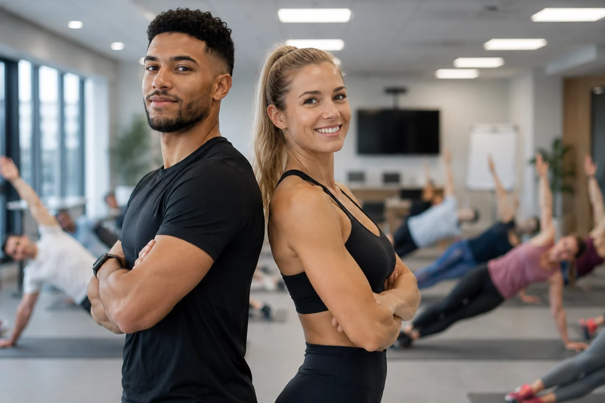 Coach sportif homme et femme animant un cours de sport en entreprise à Dijon